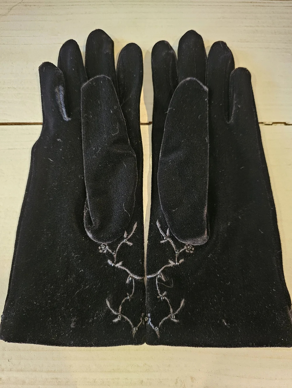 Stretch Black Velvet Gloves w/ Floral Embroidery & Bead Details